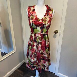 Ann Taylor LOFT Watercolor Floral Ruffle Sleeveless Lined Dress, Size 8